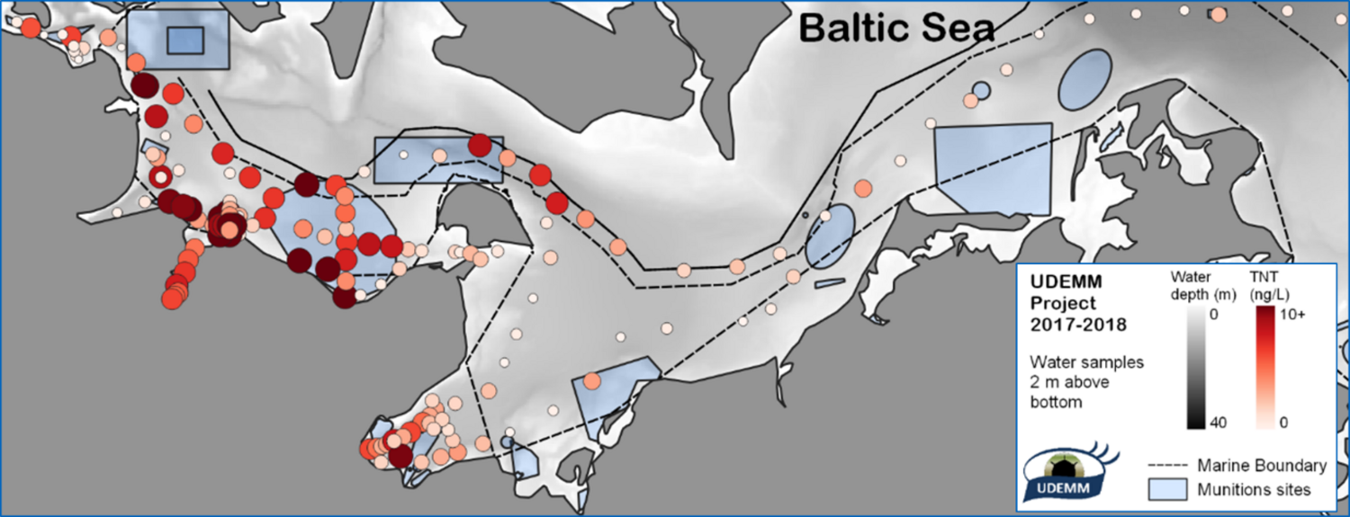Thematische Karte der Ostsee. Punkte in gradierten Rottönen markieren verschiedene TNT Konzentrationen. Aus dem UDEMM Projekt.