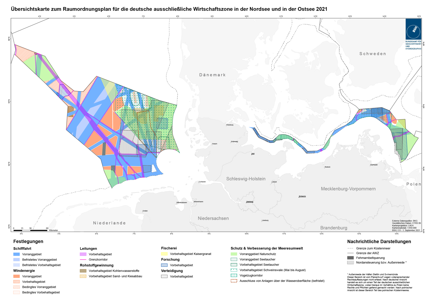 Übersichtskarte zum Raumordnungsplan für die deutsche ausschließliche Wirtschaftszone in der Nordsee und in der Ostsee 2021. In Orange dargestellt sind die möglichen Offshore-Gebiete in Nord- und Ostsee.