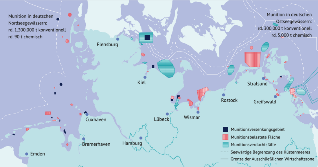 Karte von Norddeutschland mit gekennzeichneten Gebieten Munitionsversenkung, Munitionbelastete FLäche, Munitionsverdachtsfällen.